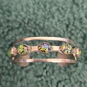 Vintage Stamped Mexico Green Opal Glass Silver Open Cuff Bracelet Statement